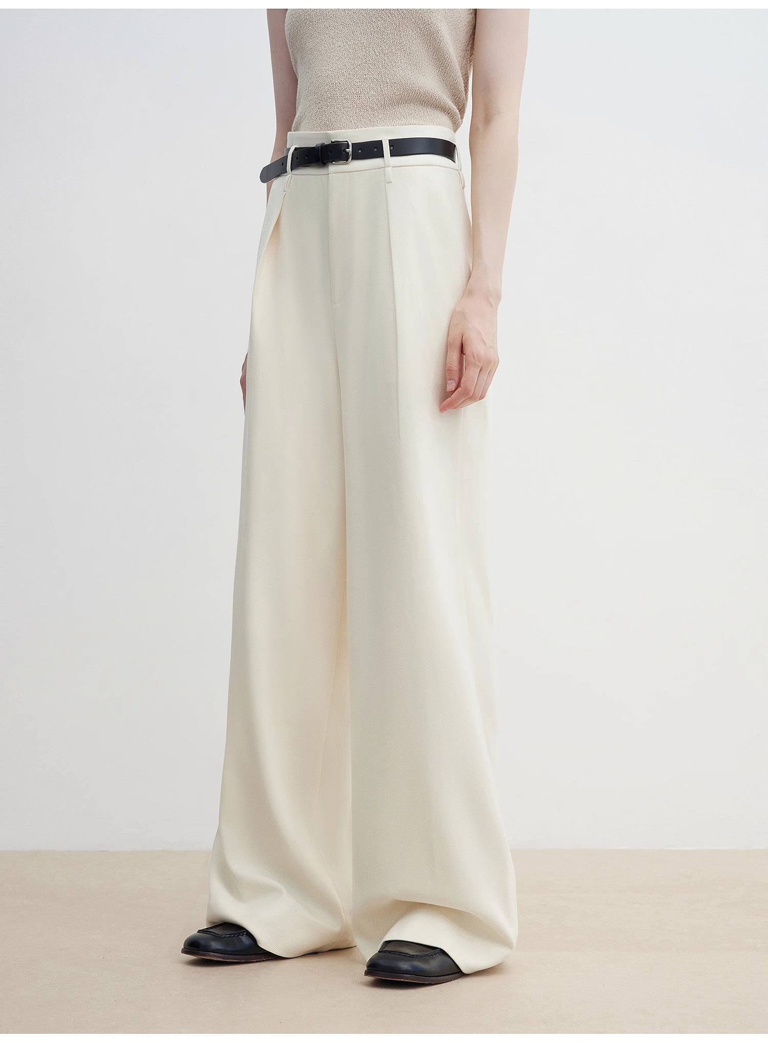 Women's white straight casual wide waist drape floor-length wide leg pants