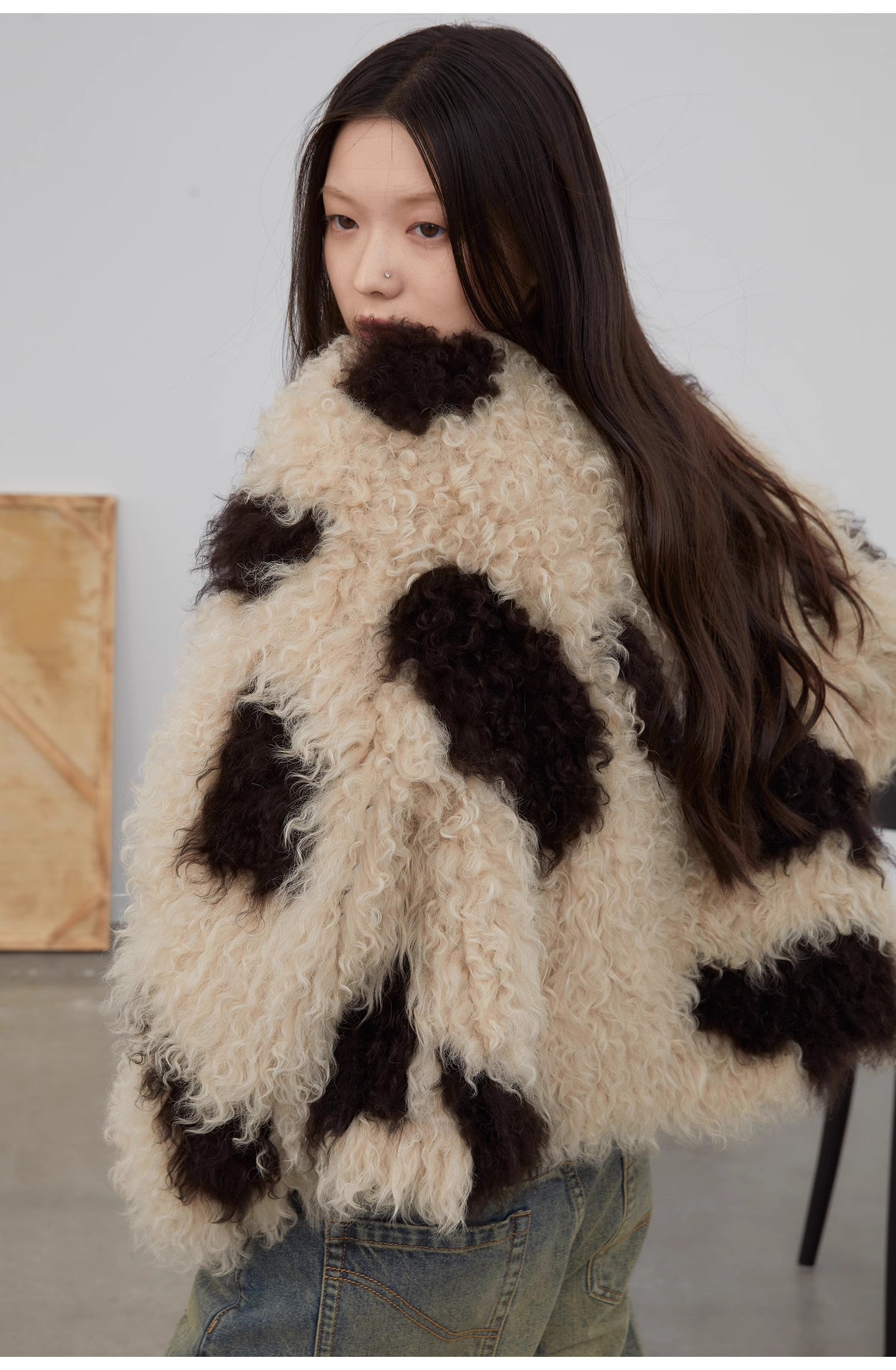 "Fragrant Cream" Upgraded Cow Pattern Sheep Curly Double-sided Braided Fur Jacket