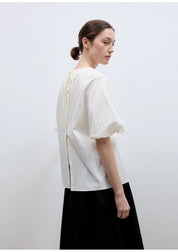 "Iceland Diary" neckline pleated design round neck tie puff sleeve short sleeve shirt for women