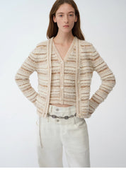 "Nice Weekend" striped mixed woven V-neck early spring layered knitted cardigan top