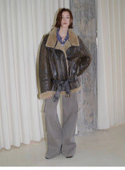 "London Street"Motorcycle Style Lapel Imported Merino Fur One-piece Fur Jacket Winter