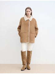 “Vintage Manor”High Quality Wool Contrast Lapel Reversible Artificial Compound Suede Shearling jacket