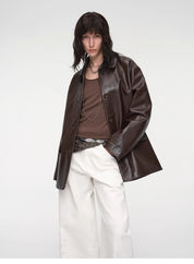 "Fashionable Kuoxi" goatskin simple and versatile retro suit-style leather windbreaker jacket