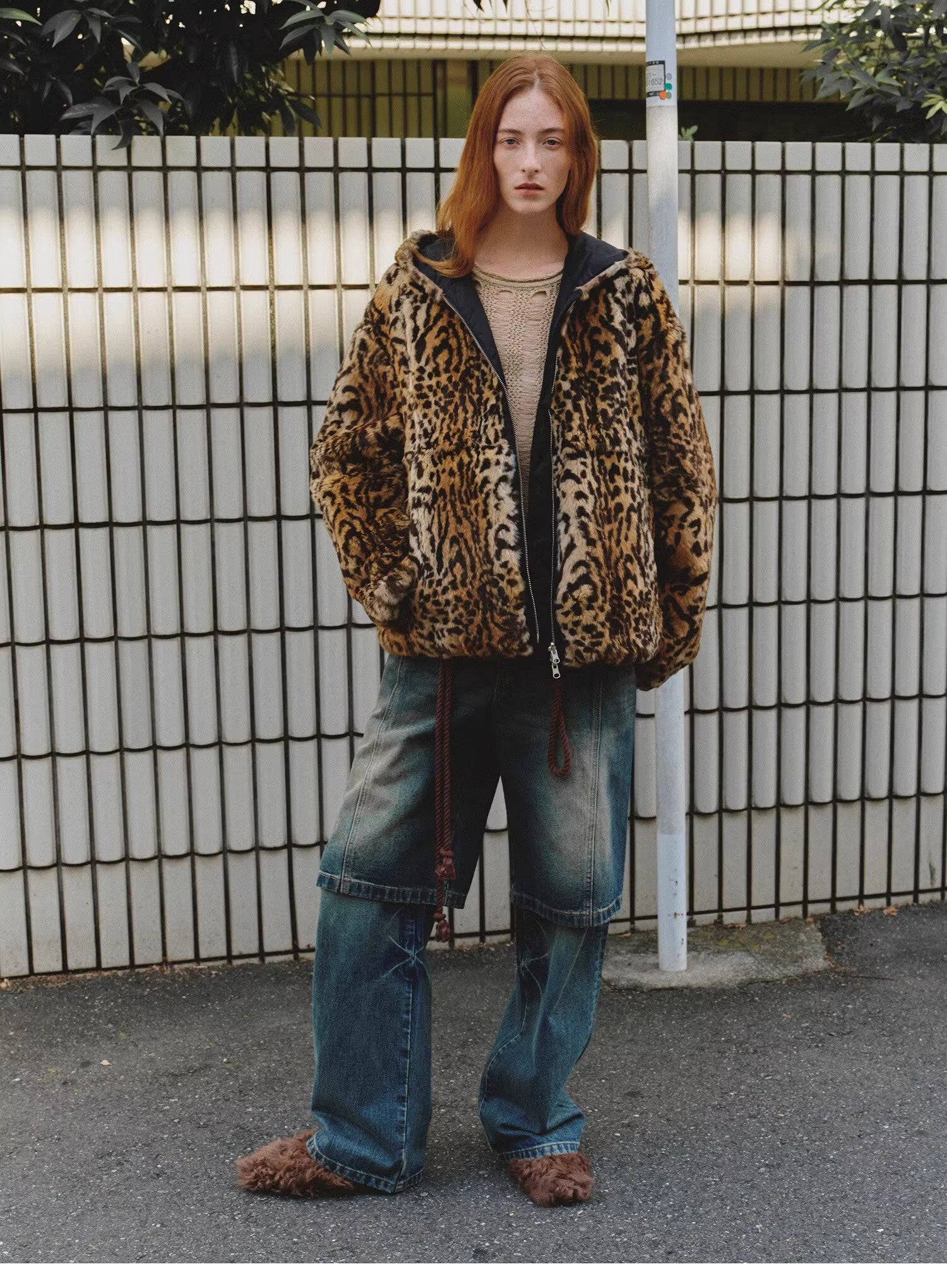 "Leopard Fantasy" Leopard Spot Print Reversible Drop Shoulder Hooded Custom Rabbit Fur Coat