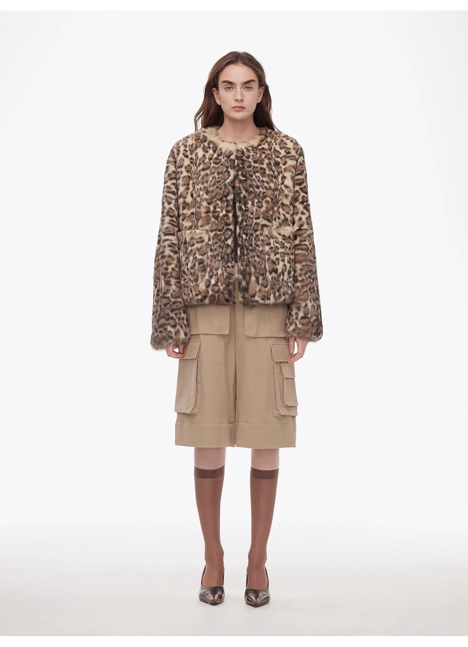 "Leopard Print Guide" Stylish and Classic Round Neck Leopard Print Rabbit Fur Jacket