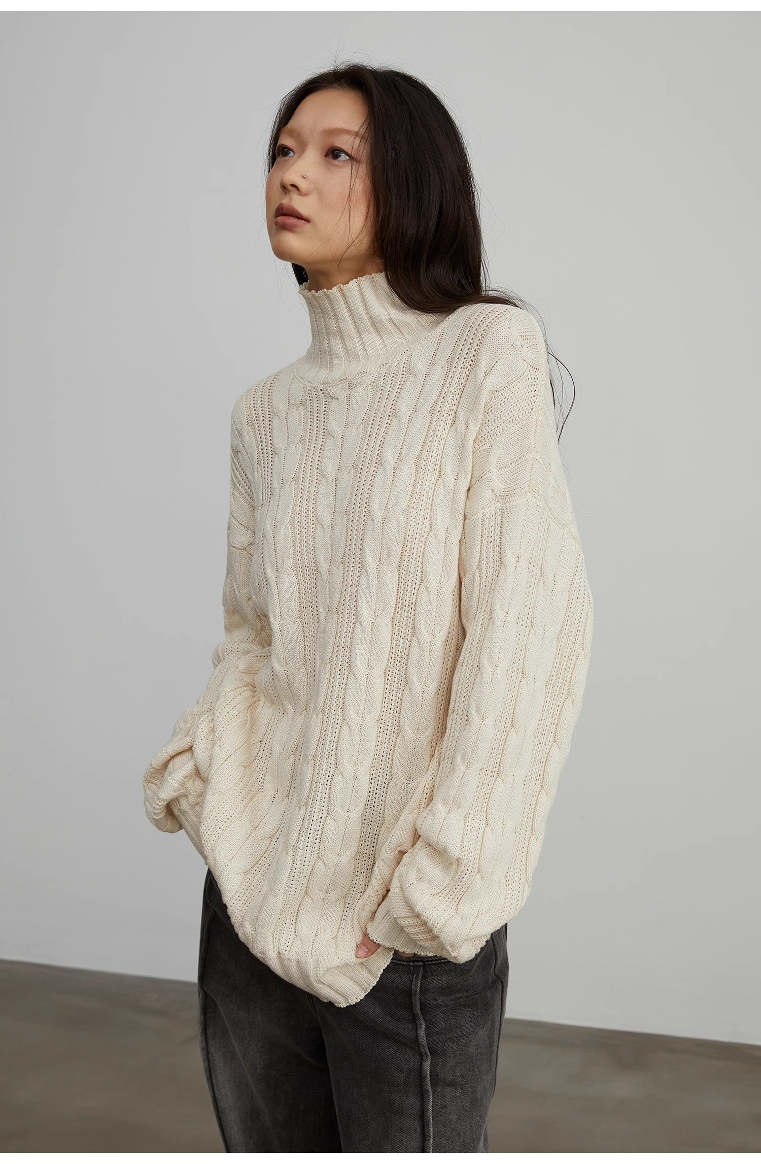 "Warm-Embrace Jacquard"Loose slimming straight high collar fashion top 100% cotton women's winter