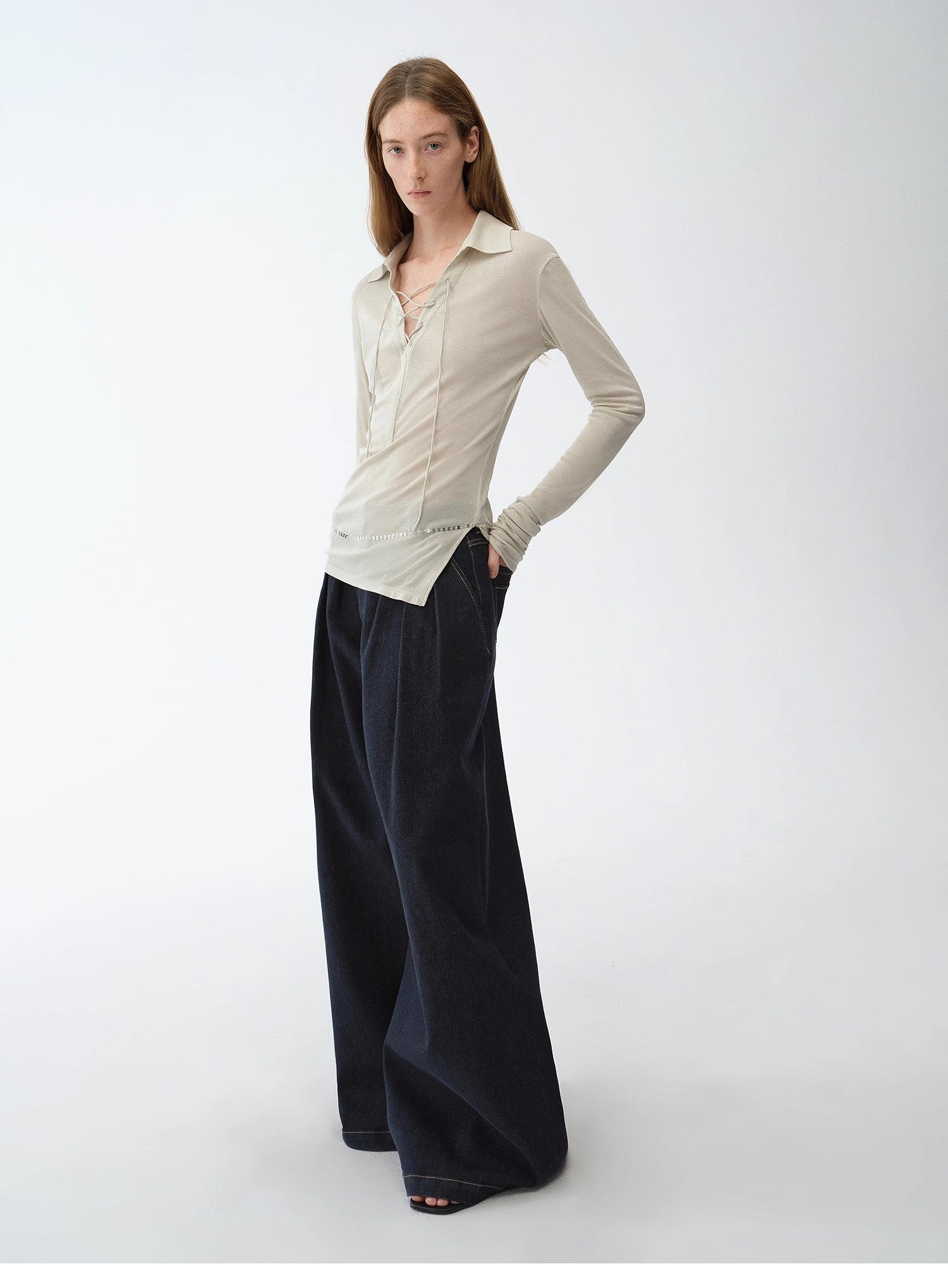 "Street Style" Vintage Handmade Lycra Stretch Jeans Wide Leg Loose Trousers Women Spring