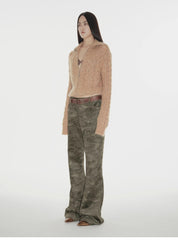 "Green Camouflage"Fashionable and versatile camouflage print chenille suede slim bootcut casual pants