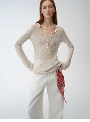 "Perry Moonlight" fashionable cotton and linen beaded fancy yarn waisted bell sleeves round neck cardigan knitted top