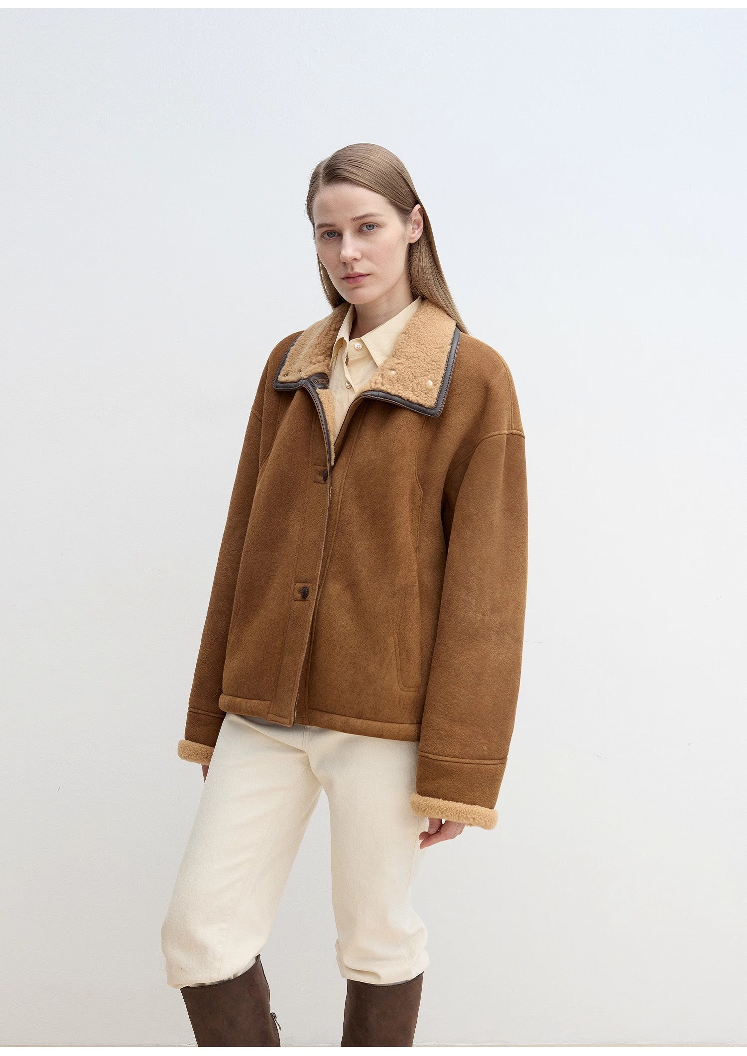 "Knight's Contract" Merino wool sheepskin coat with fur-faced stand-up collar