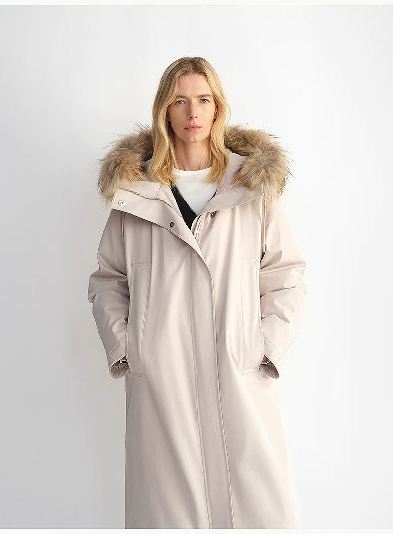 Removable raccoon fur collar 90 white velvet parka women's double zipper coat