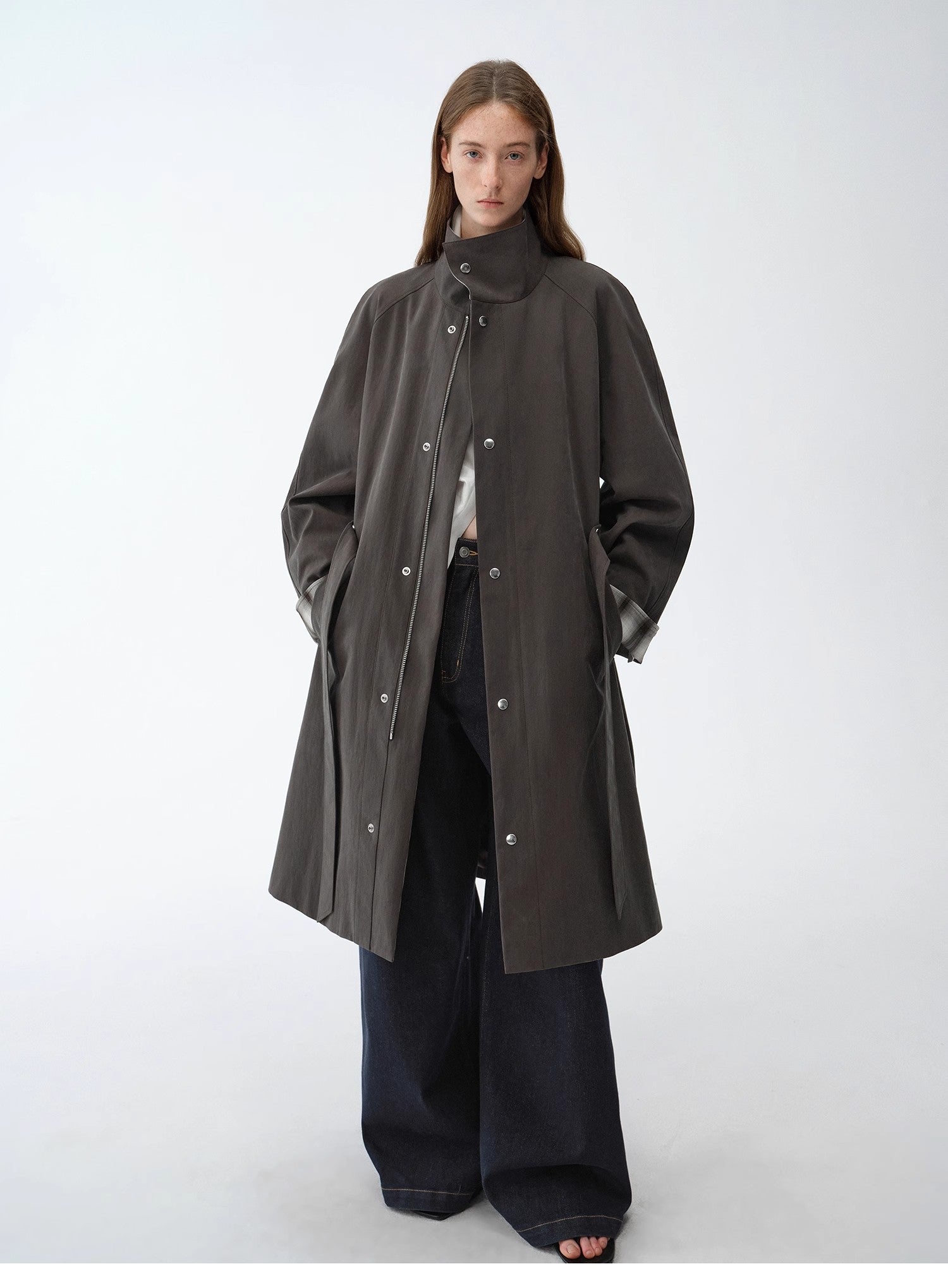 "Urban Island" Retro Plaid Mid-Length Workwear Lapel Trench Coat