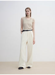 Women's white straight casual wide waist drape floor-length wide leg pants