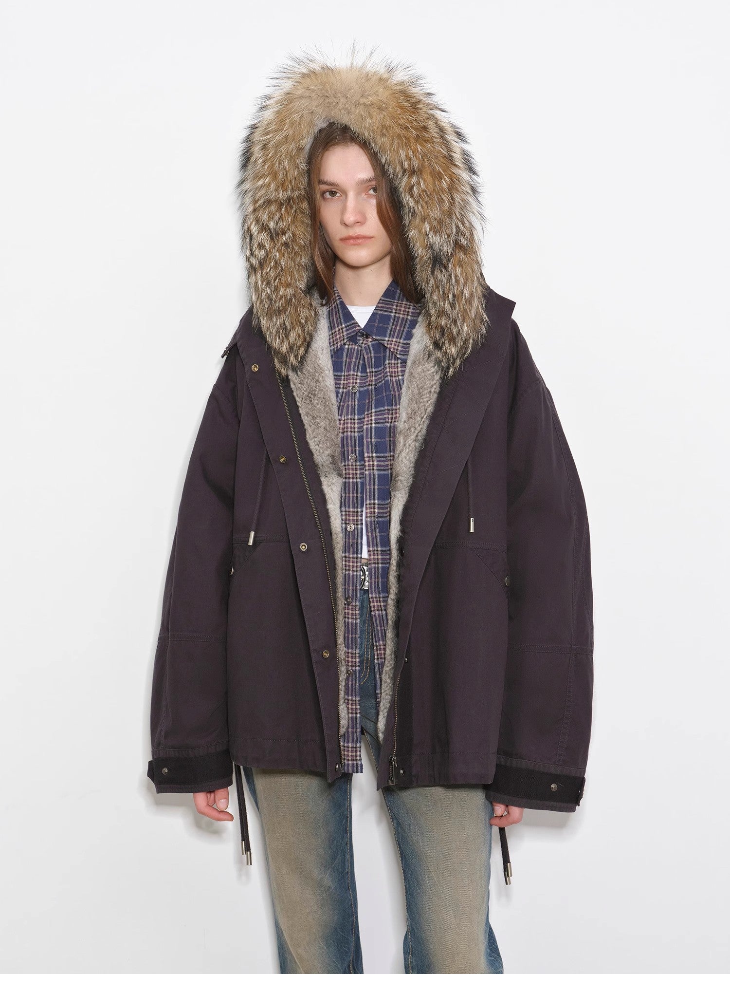 "Impressionist" 90 goose down jacket, detachable wolf fur collar, rabbit fur lining, hooded down parka