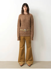 "Thousand Islands Forest Club" Cable-cut Round Neck Wool Blend Slightly Wide Shoulder Sweater