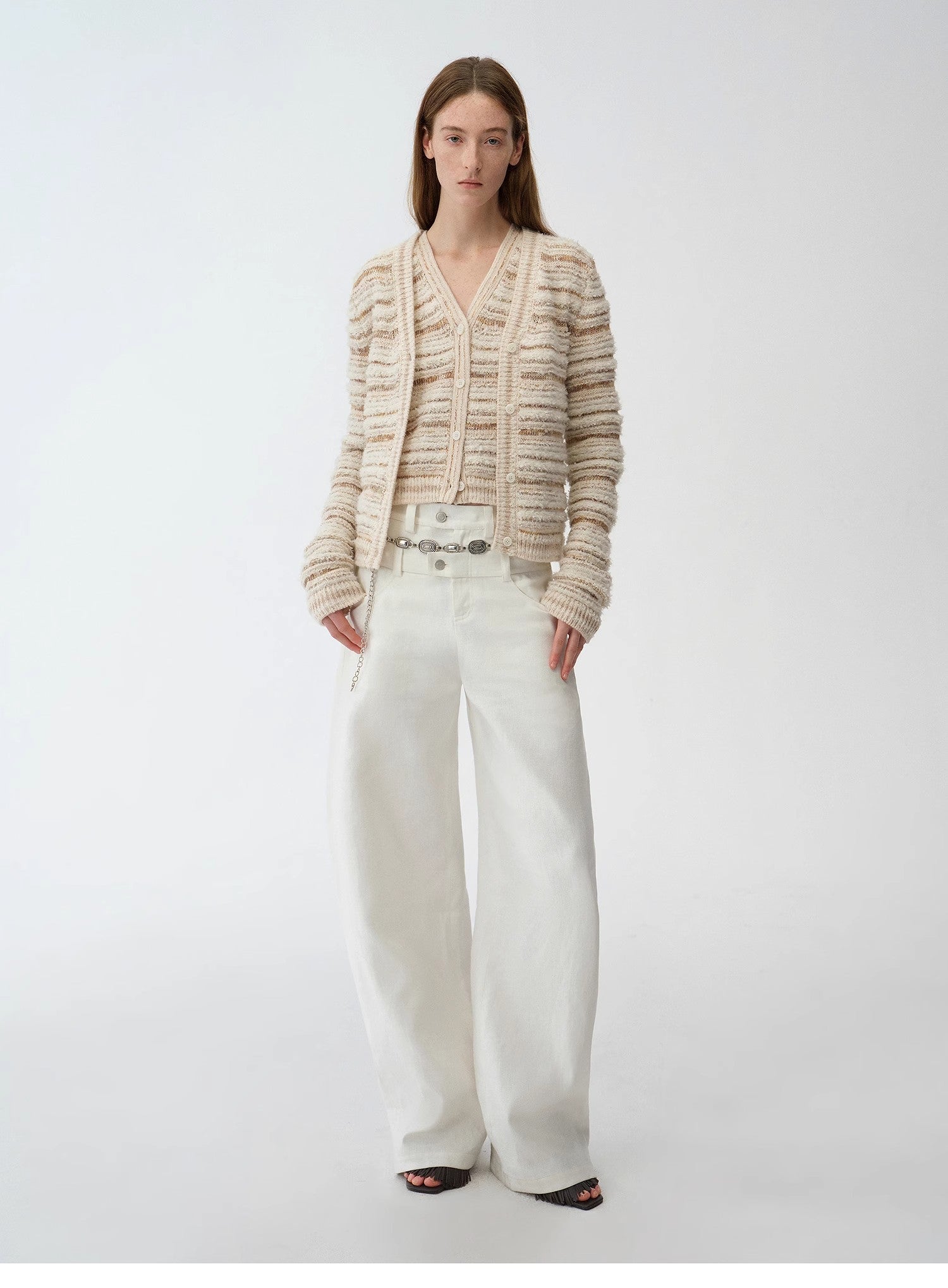 "Nice Weekend" striped mixed woven V-neck early spring layered knitted cardigan top