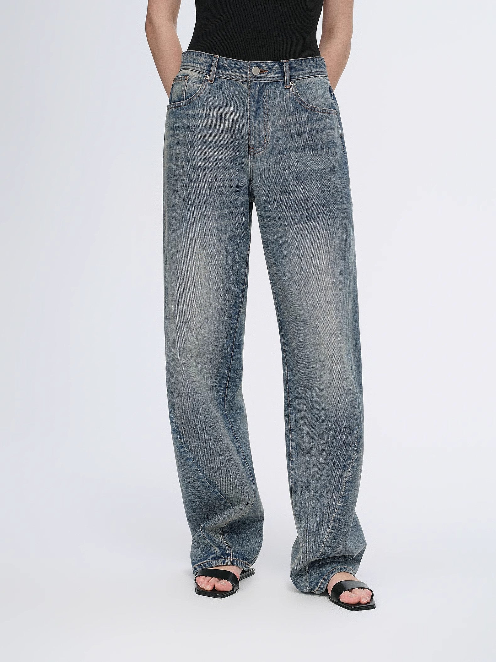 Vintage heavy cotton polyester blended washed comfortable slim front curved jeans