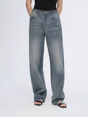 Vintage heavy cotton polyester blended washed comfortable slim front curved jeans