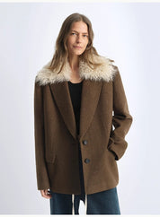 "Vertical Texture" Wool Tweed Coat Detachable Fur Collar Suit Parker