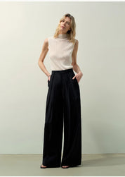 Silk Linen Pleated Wide Leg A-Line Trousers Casual Pants