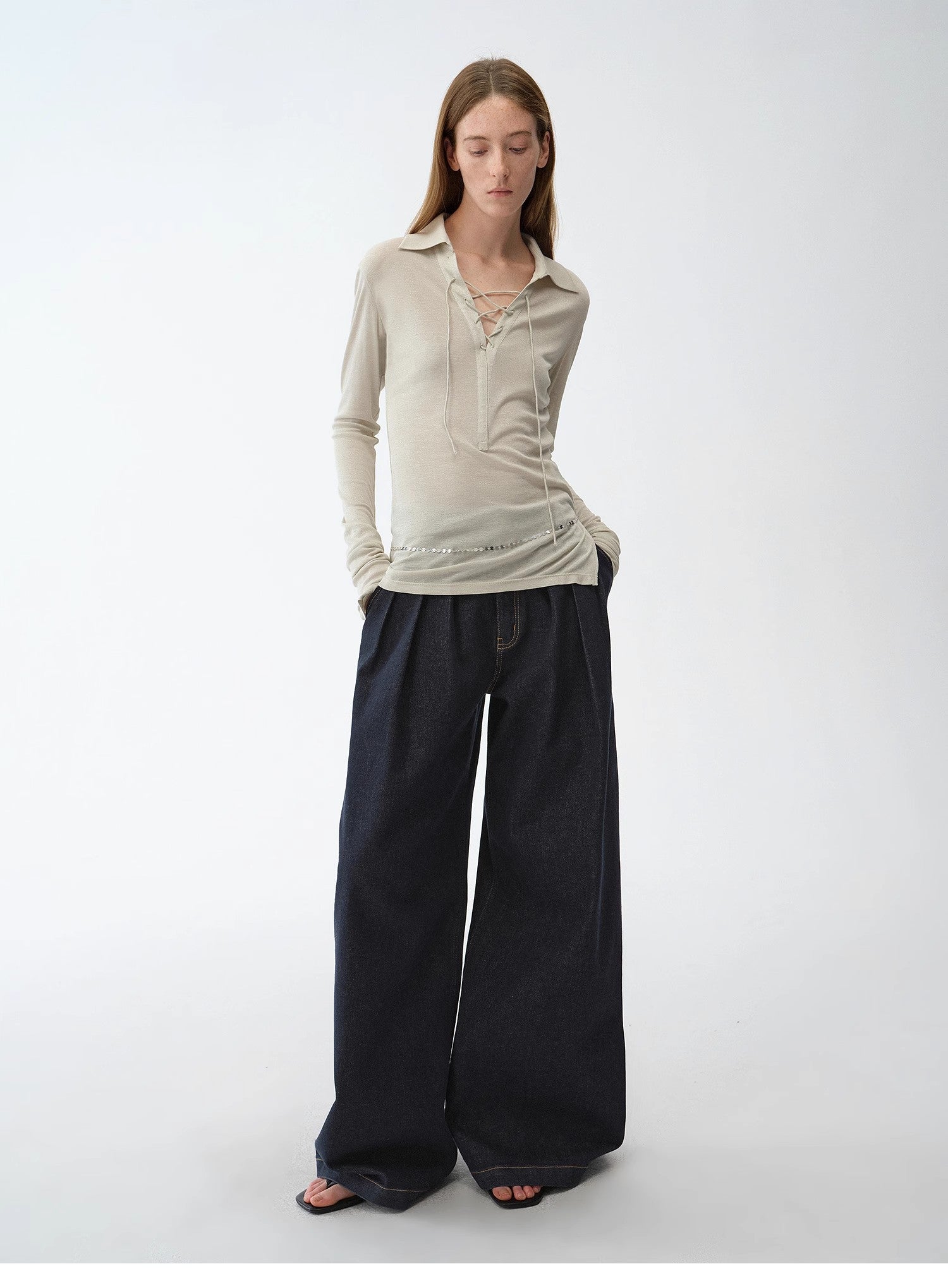 "Street Style" Vintage Handmade Lycra Stretch Jeans Wide Leg Loose Trousers Women Spring