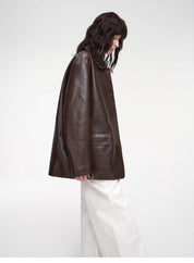 "Fashionable Kuoxi" goatskin simple and versatile retro suit-style leather windbreaker jacket