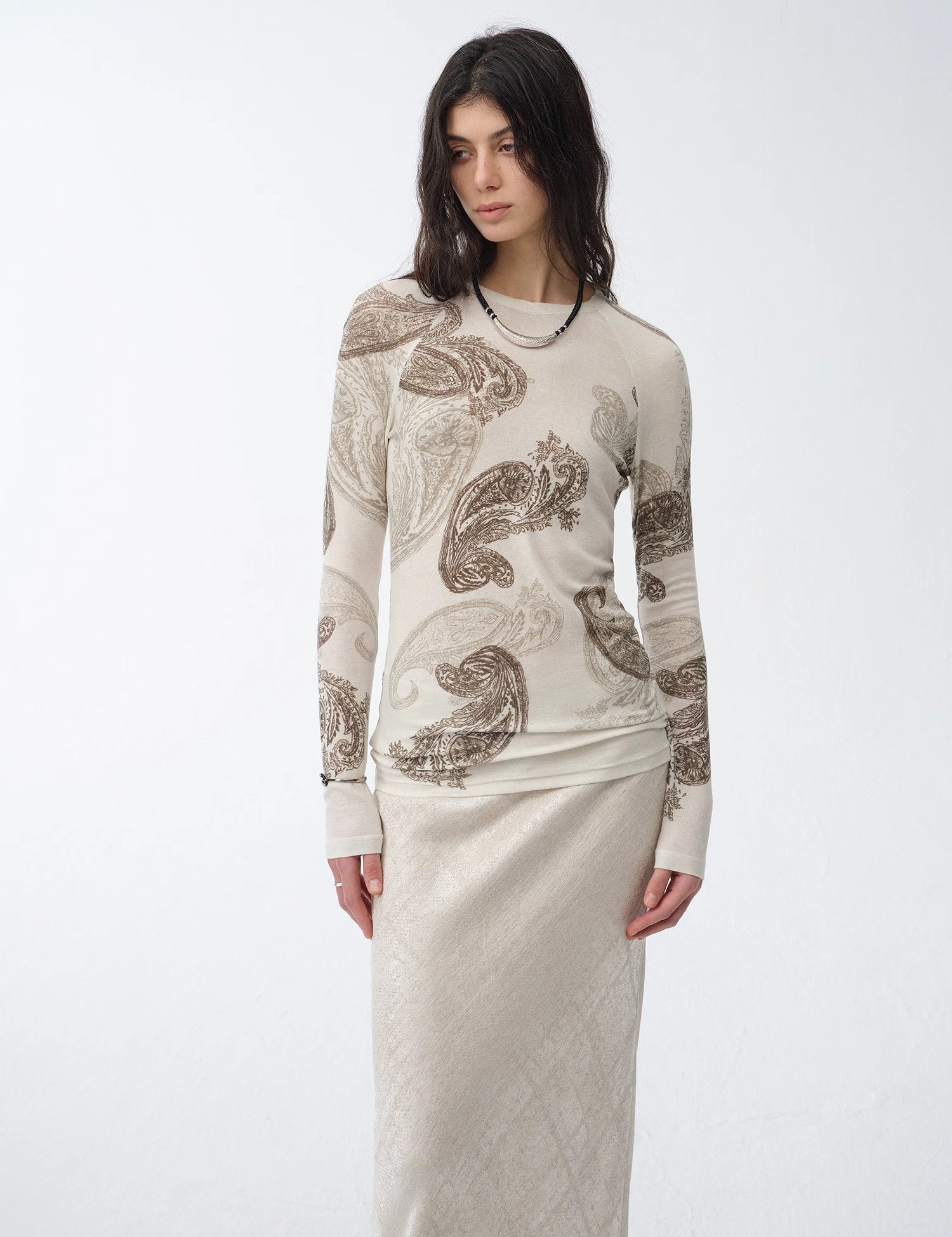 Tencel wool original cashew print round neck slim long sleeve and skirt"Vintage Gene"