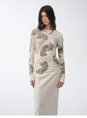 Tencel wool original cashew print round neck slim long sleeve and skirt"Vintage Gene"