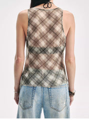 "Light and Elegant in Summer" Retro Plaid/Heavy-duty Meteor Hot Diamond Waist Vest Summer