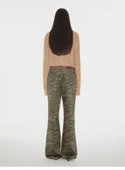 "Green Camouflage"Fashionable and versatile camouflage print chenille suede slim bootcut casual pants