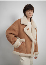 Shepherds Lapel biker wind sheep shearling coat fur coat female