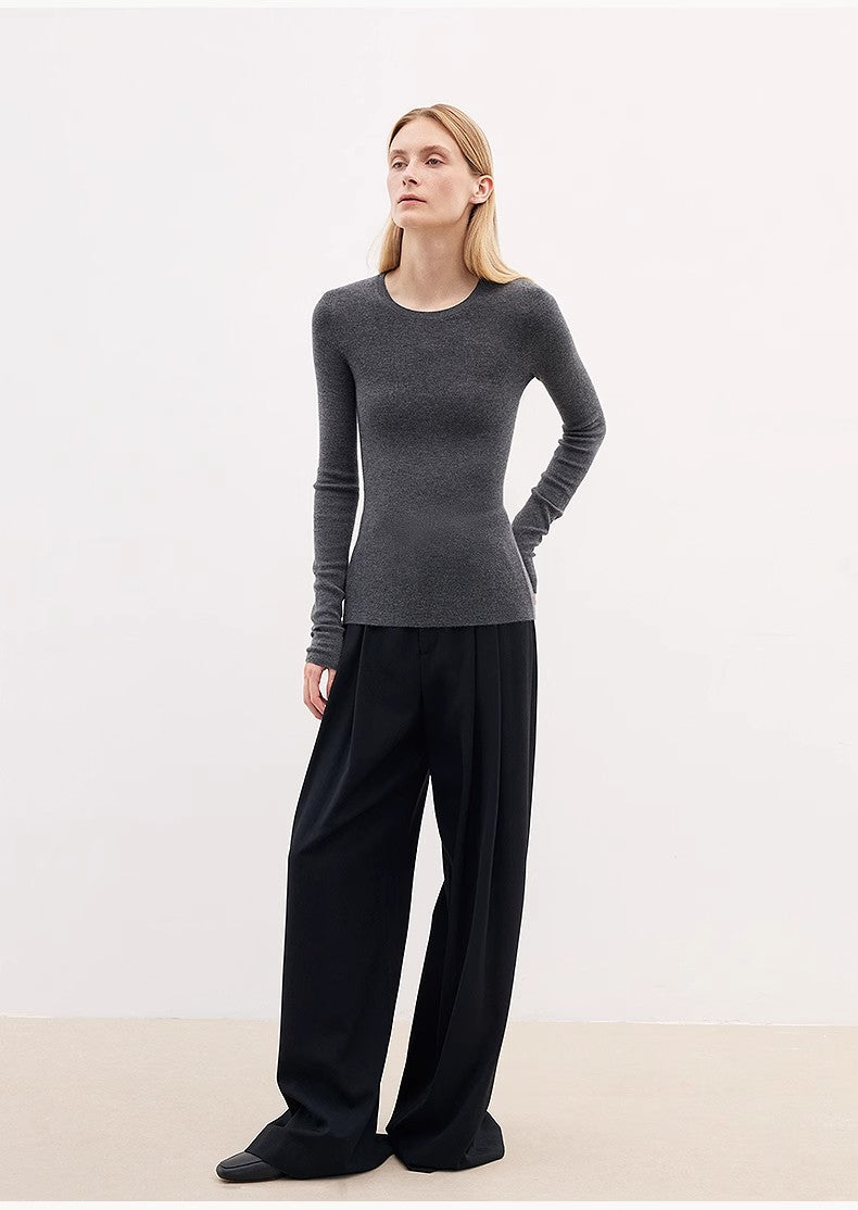 Merino wool blended double pleated wide-leg pants for women, versatile, drapey and comfortable casual trousers