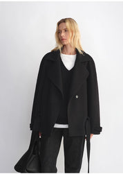 "Warm Cocoon" Italian Herringbone Wool Classic Lapel Micro-coon Short Wool Coat for Women