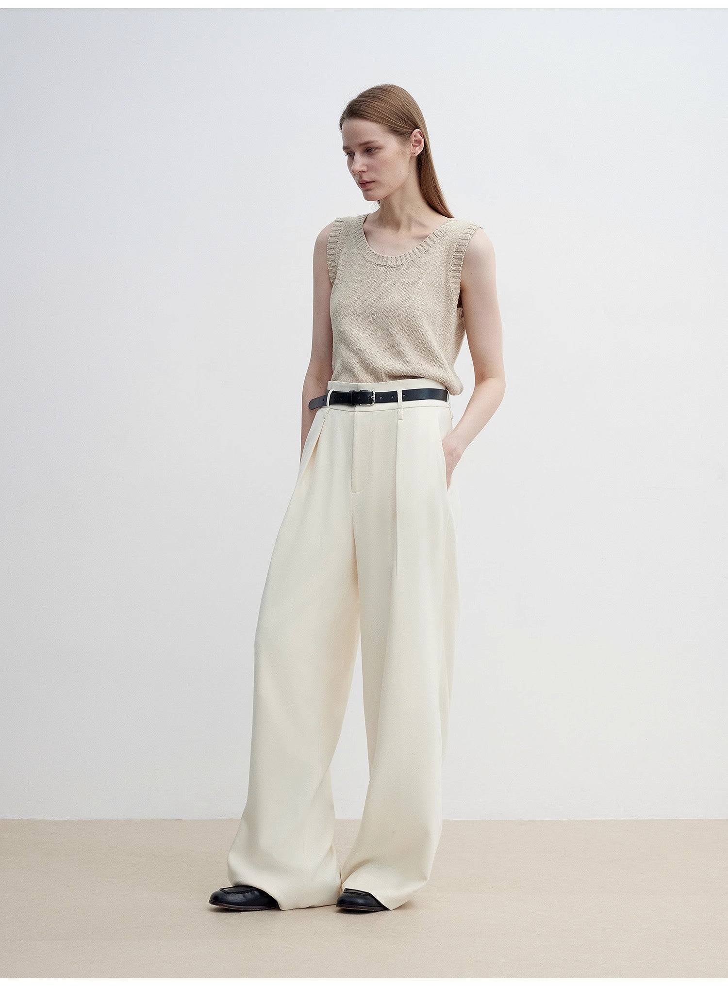 Women's white straight casual wide waist drape floor-length wide leg pants