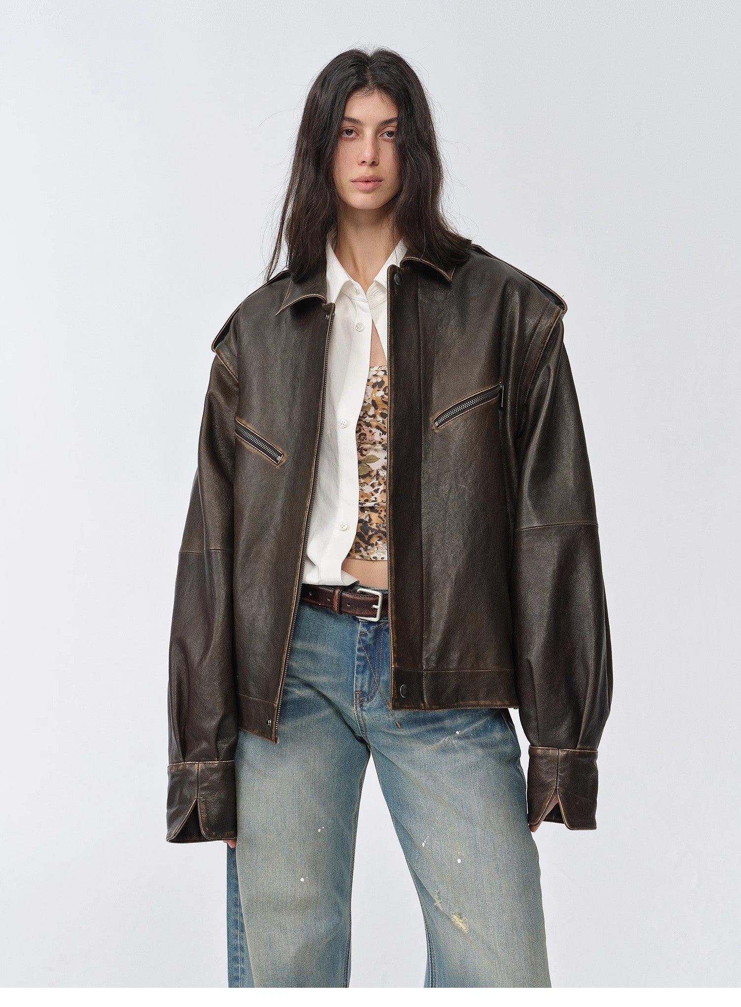 "Barn Feelings" Vintage distressed vegetable tanned sheepskin sleeves removable two-way genuine leather jacket