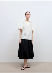 "Iceland Diary" neckline pleated design round neck tie puff sleeve short sleeve shirt for women