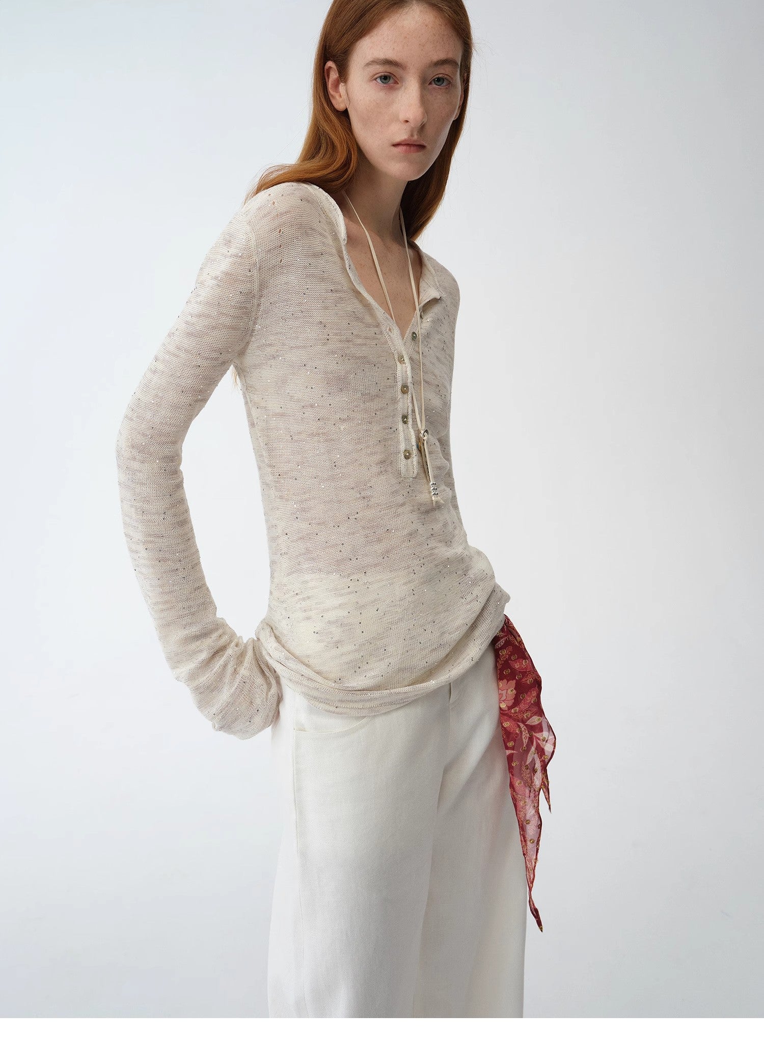 "Perry Moonlight" fashionable cotton and linen beaded fancy yarn waisted bell sleeves round neck cardigan knitted top