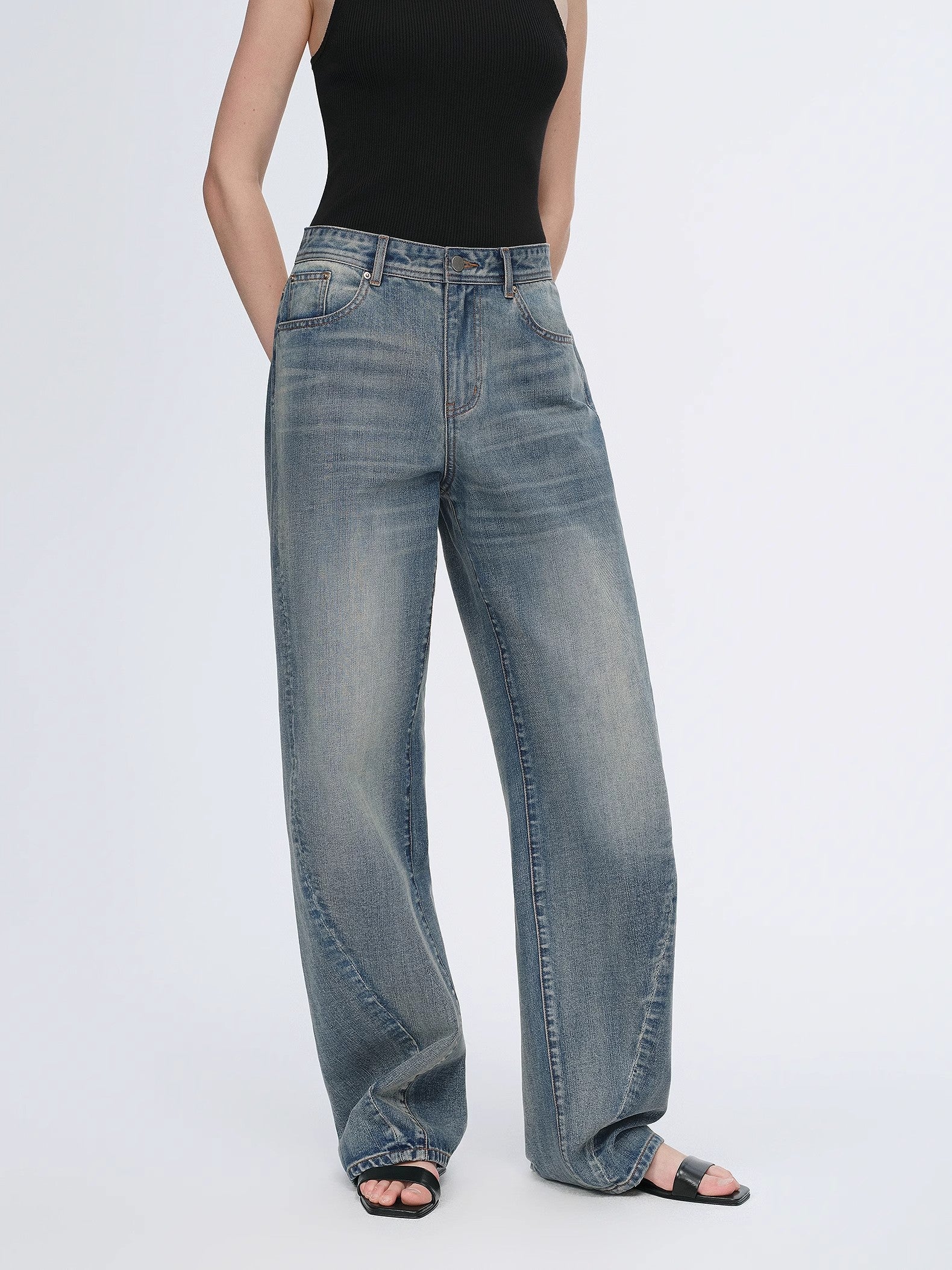 Vintage heavy cotton polyester blended washed comfortable slim front curved jeans