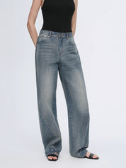 Vintage heavy cotton polyester blended washed comfortable slim front curved jeans
