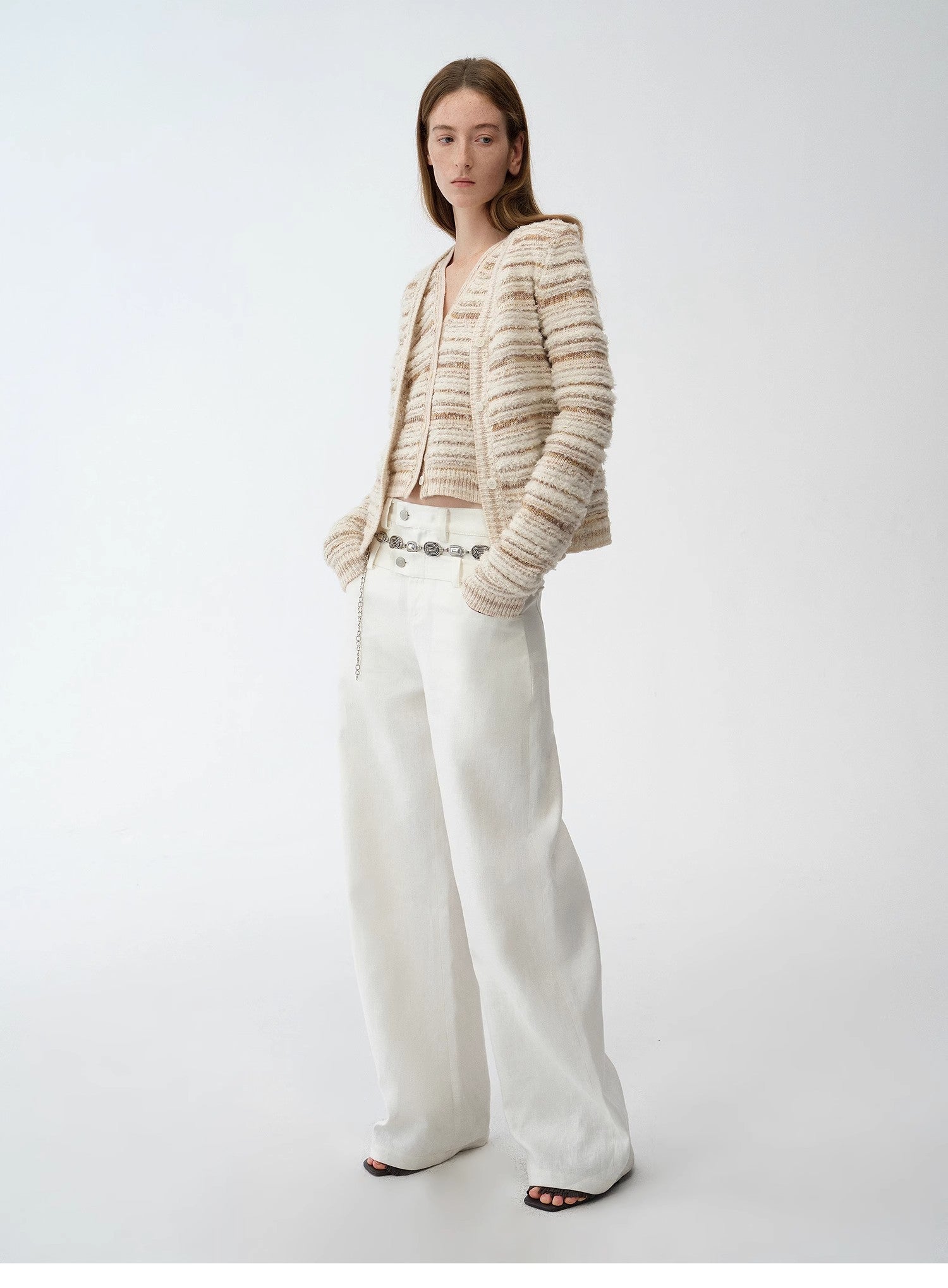 "Nice Weekend" striped mixed woven V-neck early spring layered knitted cardigan top