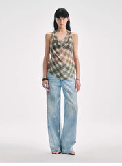 "Light and Elegant in Summer" Retro Plaid/Heavy-duty Meteor Hot Diamond Waist Vest Summer