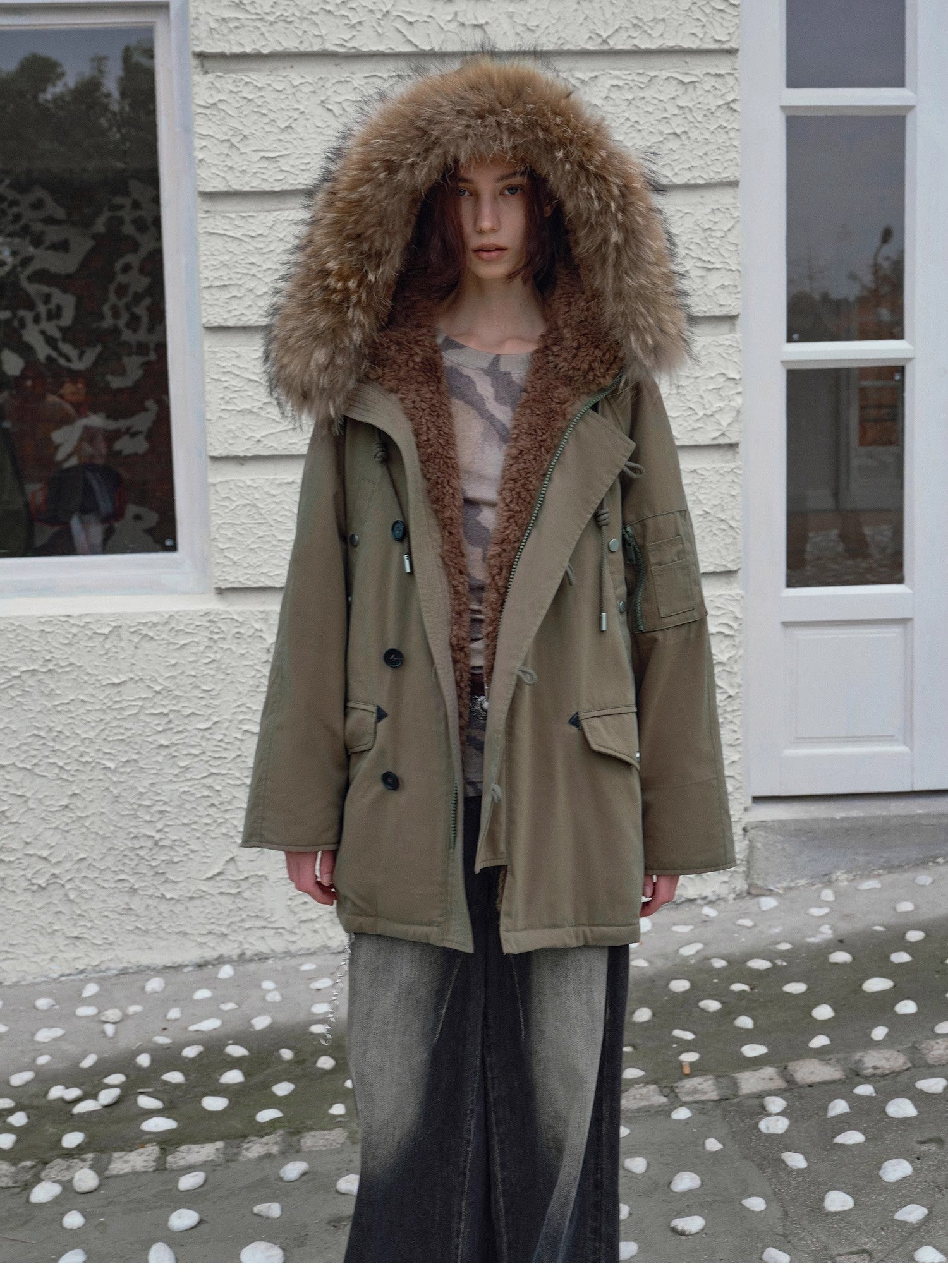 "Coastal Highway II" Hooded Raccoon Fur Collar 90% Duck Down Sheep Shearling Lined Down Parker