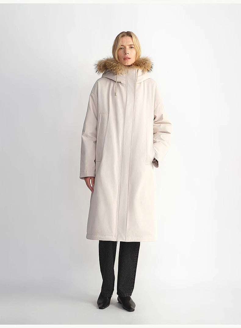 Removable raccoon fur collar 90 white velvet parka women's double zipper coat