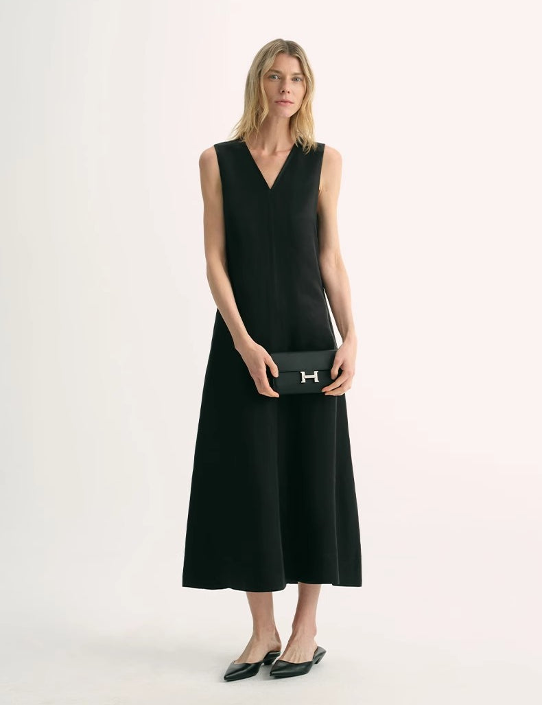 Lightweight and zero-pressure cupro linen textured anti-wrinkle V-neck sleeveless A-line dress
