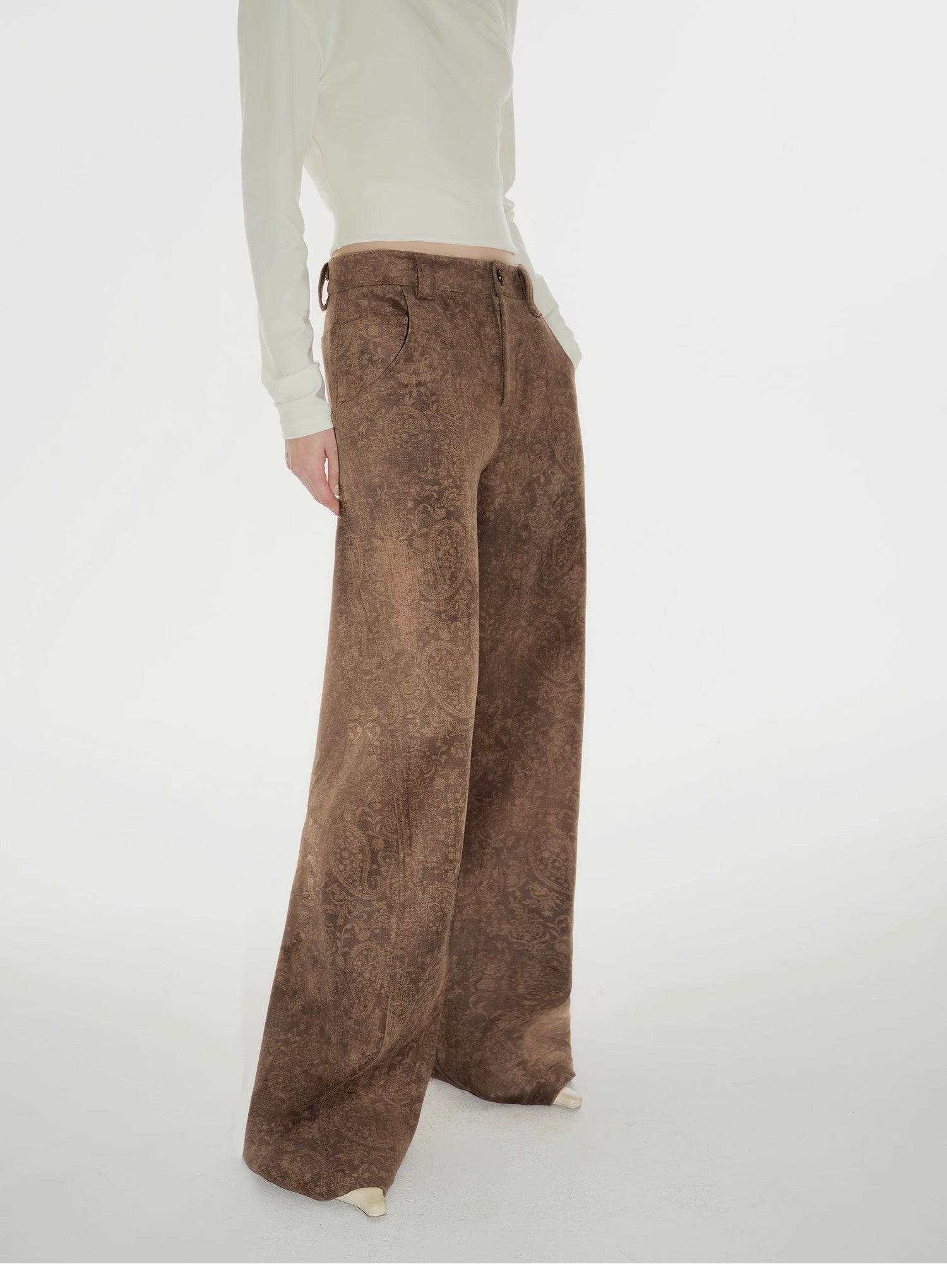 "Vintage Walk" Retro nostalgic chenille suede mid-rise cashew smudge print scimitar pants