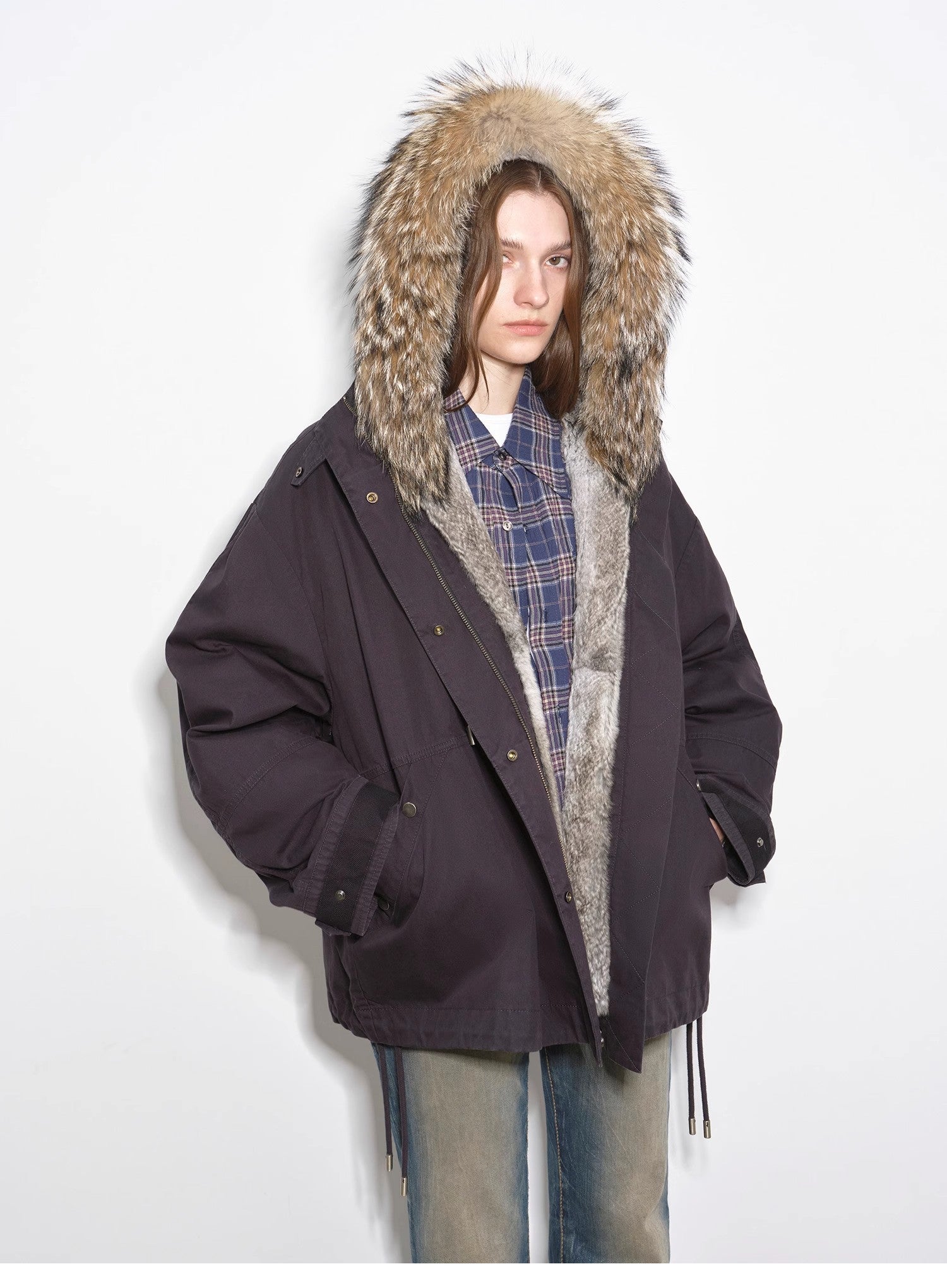 "Impressionist" 90 goose down jacket, detachable wolf fur collar, rabbit fur lining, hooded down parka