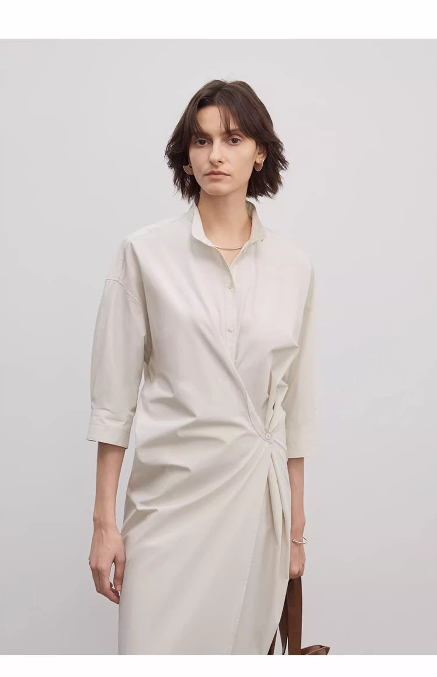 "Origami Narrative" Stand Collar Wrap Dress Women's Mid Sleeve Shirt Dress Long Dress