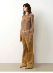 "Thousand Islands Forest Club" Cable-cut Round Neck Wool Blend Slightly Wide Shoulder Sweater