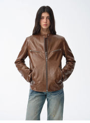 New Zealand imported waxed sheepskin/cowhide vintage motorcycle leather jacket "Manhattan Dark Night"