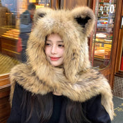 Cute cat ears fox fur scarf dual-purpose fur hat thick warm scarf with hood